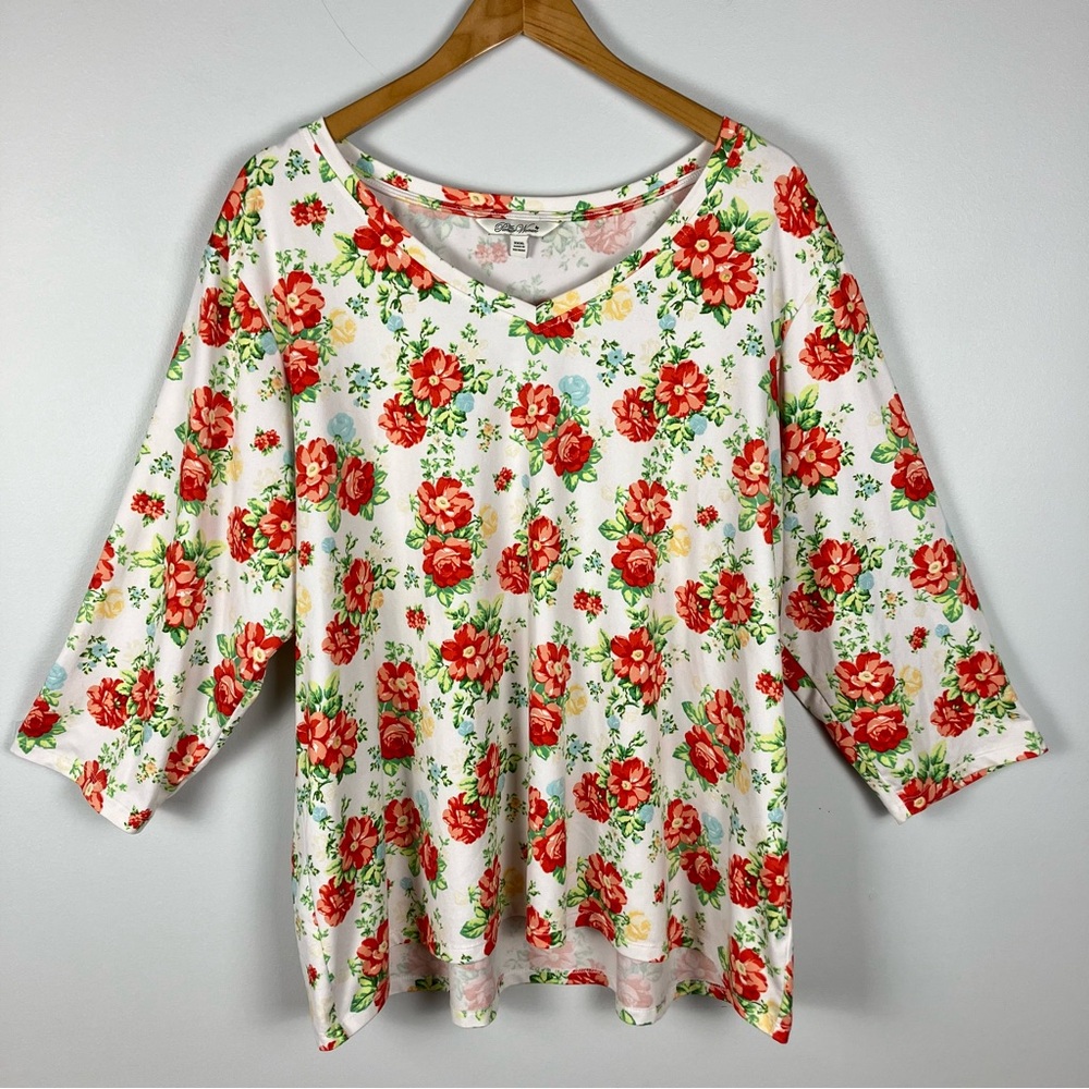Pioneer Woman 3XL Floral Top 3/4 Sleeve Red Rose Boho Cottagecore Soft Stretch